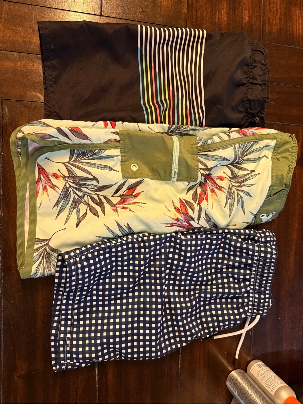 Boy’s Swim Trunks Trio - Black Stripe, Olive Floral, Navy Gingham